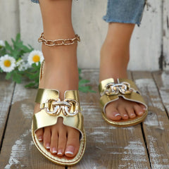 Gold buckle decor open toe sandals showing front straps and chunky chain buckle