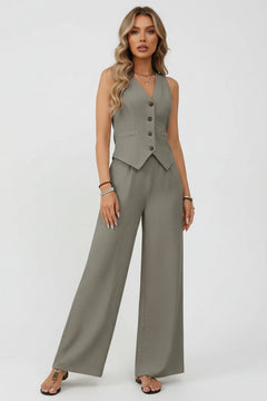 Sage green V-neck button vest and wide-leg pants set with sleeveless tailoring