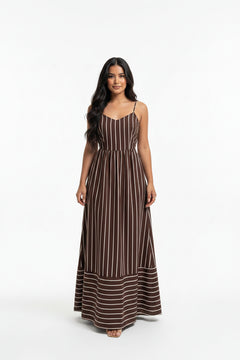 Brown striped spaghetti-strap maxi dress with V-neckline and full gathered skirt