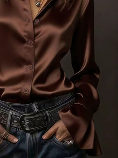 Brown satin blouse with button placket and flounce cuff detail