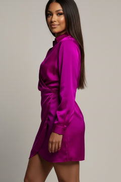 Magenta satin collared long-sleeve dress, side view, waist tie, mini length