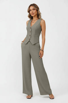 Sage green sleeveless V-neck button vest with flap pocket and wide-leg pants
