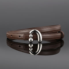 Brown skinny leather belt with silver buckle and punched adjustment holes
