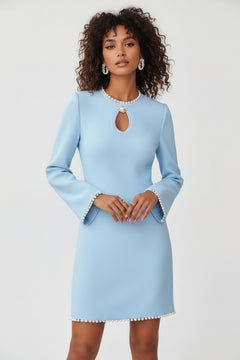 Sky blue mini dress with keyhole neckline and pearl trim, long sleeves