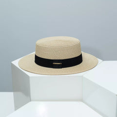Boater straw hat with band, beige straw with black band