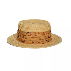 Straw boater hat with printed band, beige hat with red floral pattern band