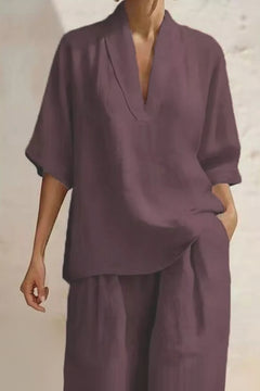 Mauve half-sleeve V-neck top and wide-leg pants set with relaxed drape