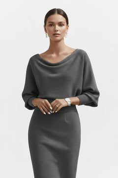 Gray cowl-neck knit bodycon midi dress with draped neckline and cuffed sleeves