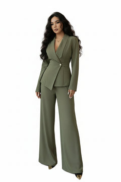 One-button blazer and wide-leg pants set in olive green, with V neckline and matching button.