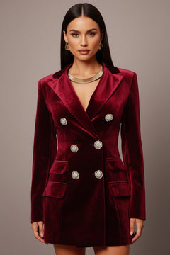 Wine red velvet blazer dress with notched lapels, double-breasted gold buttons, long sleeves
