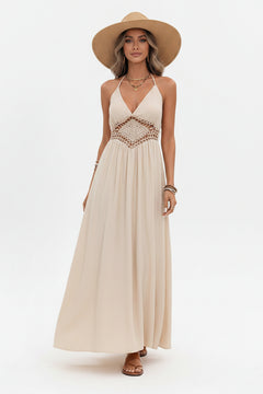 Backless halter maxi dress, light beige, V-neck front and crochet waist detail