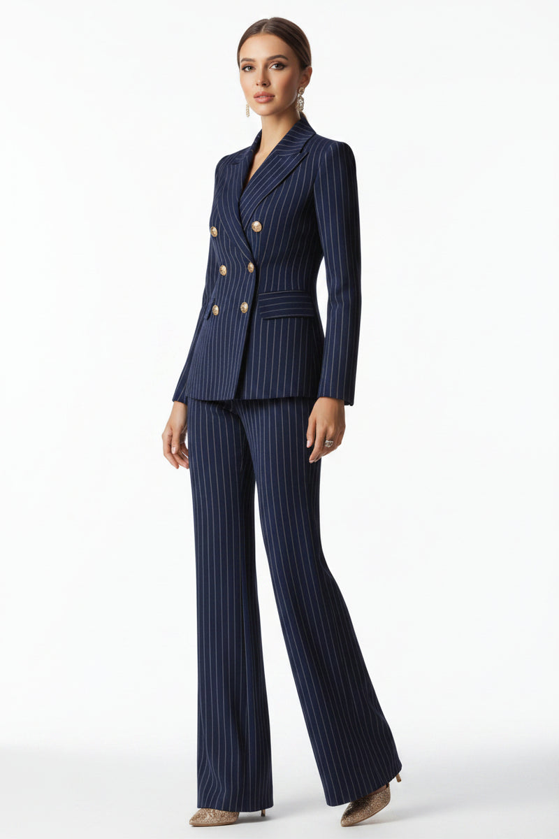 Navy striped double-breasted blazer and wide-leg pants set, gold buttons, tailored fit