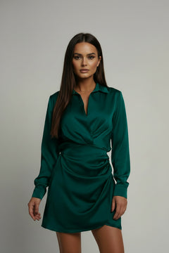 Dark green satin collared long-sleeve dress with V-neck and gathered tie waist, above-knee