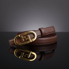 Brown leather belt with gold-tone FF-style oval buckle and stitched strap