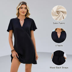 Black satin mini dress with V-neck, flutter sleeves, and waist back tie straps