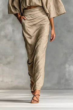Tan ruched midi skirt set detail with gathered waist and kimono sleeves