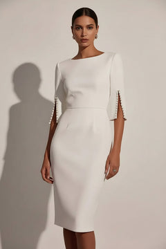 White slim-fit midi dress with beaded slit sleeves and waist seam