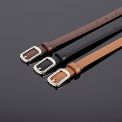 Leather skinny belt with buckle, multiple leather belts with silver rectangular buckles