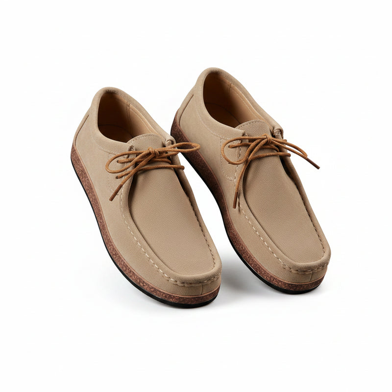 Apricot lace-up loafers, stitched moc toe, flat vegan leather with brown sole