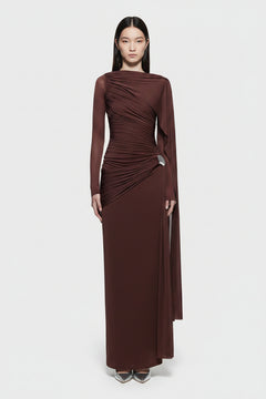 Brown ruched draped long-sleeve maxi dress with diagonal ruching and side drape