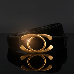 Black leather statement buckle belt with gold-tone circular ring centerpiece