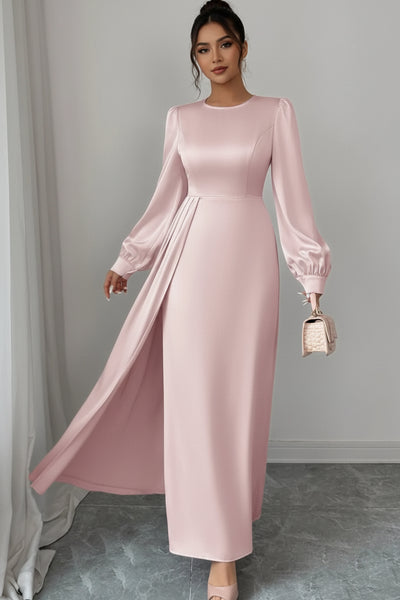 Blush pink satin long sleeve maxi dress with crew neck, fitted waist, side slit