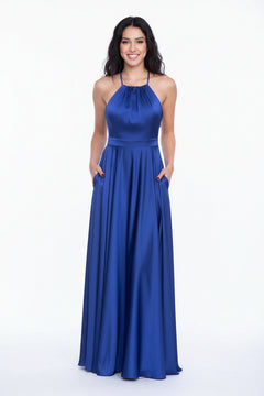 Blue halter neck maxi dress with draped bodice and full gathered skirt