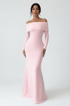 Dusty pink off-shoulder ruched bodycon maxi dress with long sleeves