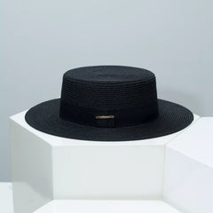 Boater straw hat with band, black straw with black band