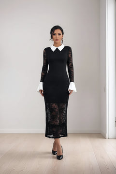 Black lace midi dress with white-cuffed long sleeves and V-shaped collar, fitted sheath