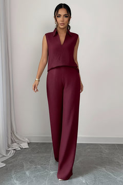 Burgundy sleeveless V-neck top with collar and wide-leg pants set