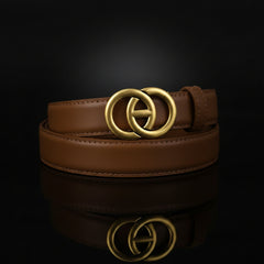 Leather belt with double circle buckle, brown strap and gold-toned buckle