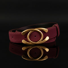Burgundy leather statement buckle belt with gold-tone oval ring buckle