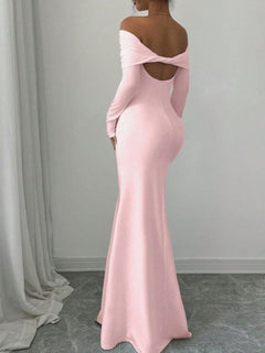 Dusty pink off-shoulder ruched bodycon maxi dress with open back cutout