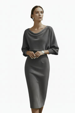 Gray cowl-neck knit bodycon midi dress with draped neckline and long sleeves