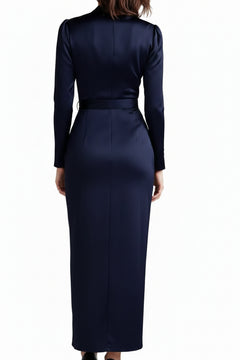 Dark blue satin tie-waist long-sleeve midi dress, back view