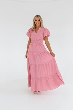 Dusty pink tiered maxi dress with ruffled puff sleeves and V-neck