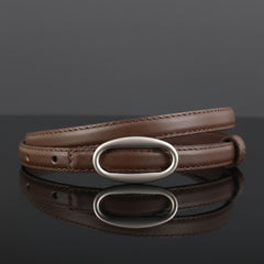 Brown skinny leather belt with oval metal buckle and stitched strap edge