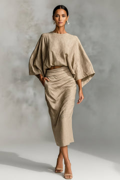 Tan kimono-sleeve top with wide sleeves and ruched midi skirt set