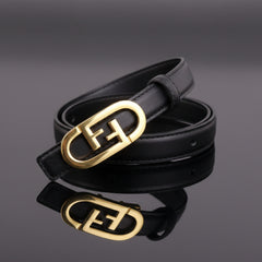 Black leather belt with gold-tone oval buckle and overlapping strap ends