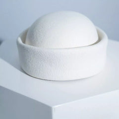 White wool pillbox hat, side profile with wide short brim