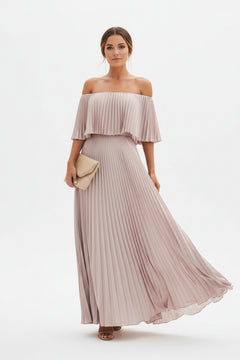 Lotus root off-shoulder pleated maxi dress with soft flutter sleeves