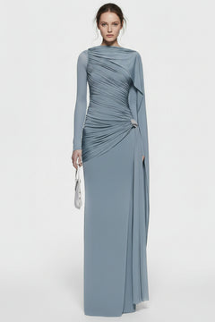 Blue ruched draped long-sleeve maxi dress with side drape and asymmetrical folds