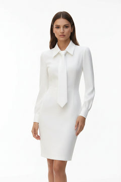 White tie-neck long-sleeve sheath dress with neck tie and crisp collared neckline