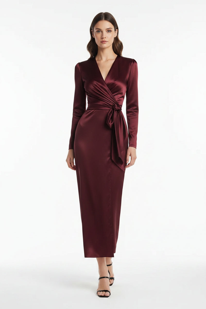 Burgundy satin tie-waist long-sleeve dress, V-neck wrap bodice with draped sash