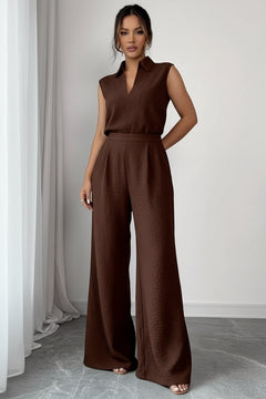 Chocolate collared sleeveless top and wide-leg pants set with waist seam