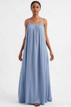 Sky blue spaghetti strap flowy maxi dress with gathered neckline and maxi length