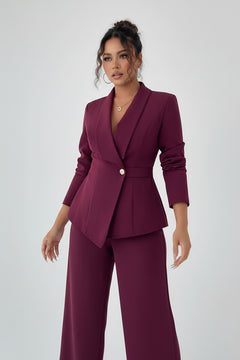 Burgundy blazer and pants set with one-button closure, V-neck peplum jacket, wide legs