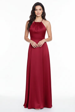 Wine red halter neck maxi dress with ruched neckline and long gathered skirt