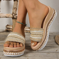 Khaki open-toe platform sandals, side and heel view, braided straps with decorative trim